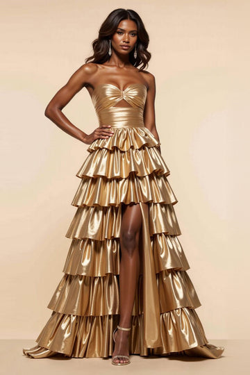 Golden A-Line Strapless Ruched Ruffles Ball Gown with Slit